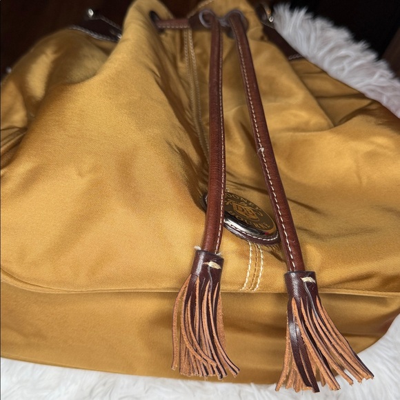 Dooney & Bourke EUC Tan With Brown Nylon Trim Drawstring Bucket Bag - Picture 7 of 7